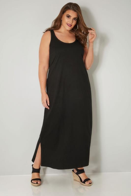 Black Sleeveless Maxi Dress With Plait Trim, Plus size 16 to 36