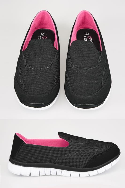 Black Slip On Trainers In EEE Fit | Yours Clothing