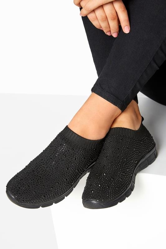 Black Sock Style Diamante Trainers In 