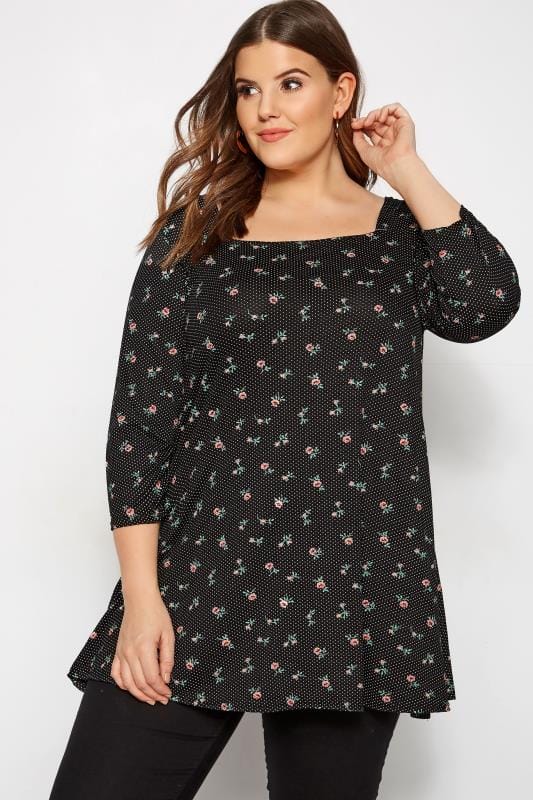 Plus Size Black Spot Ditsy Floral Swing Top | Sizes 16 to 36 | Yours ...