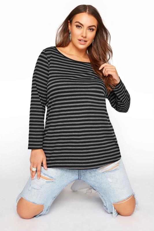  Tallas Grandes Black Striped Long Sleeve T-Shirt