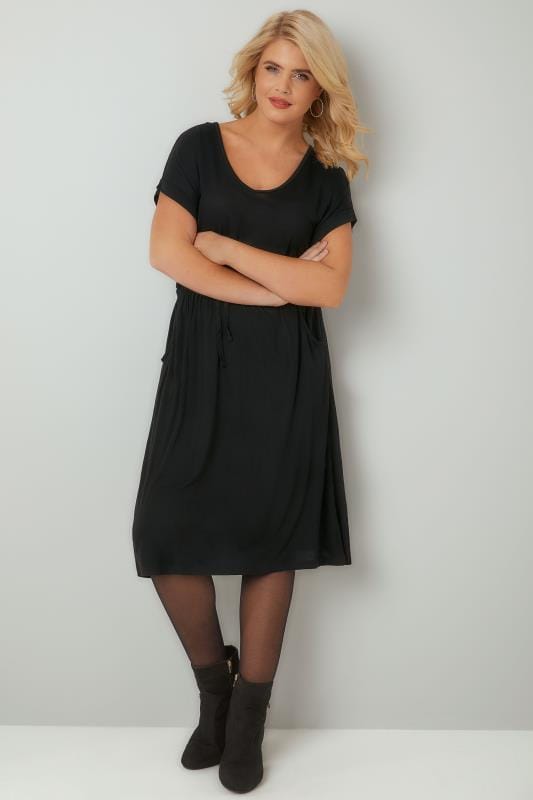 Black T-Shirt Dress With Pockets & Elasticated Waistband plus size 16 to 36