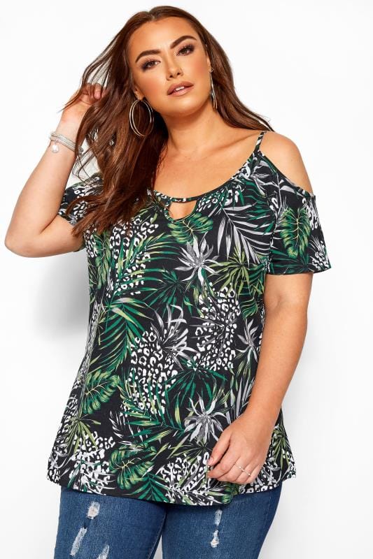 Black Tropical Print Strappy Cold Shoulder Top | Yours Clothing