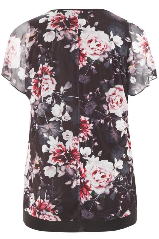 Black & Pink Floral Print Mesh Top | Yours Clothing