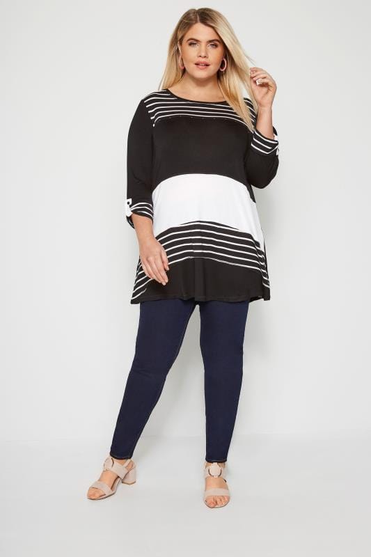 Plus Size Black & White Stripe Colour Block Top | Sizes 16 to 36 ...