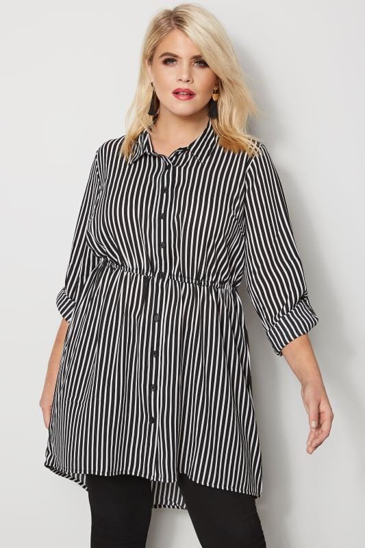 Black & White Striped Longline Shirt, plus size 16 to 36