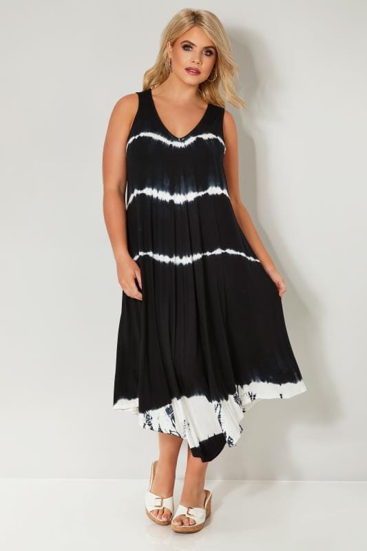 Black & White Tie Dye Jersey Swing Tunic Dress, Plus size 16 to 36