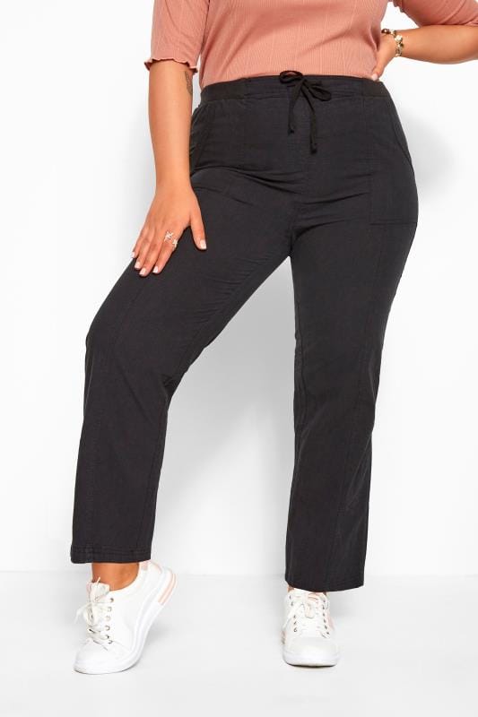 Navy Cool Cotton Pull On Wide Leg Trousers plus size 16 to 36 | Yours Clothing