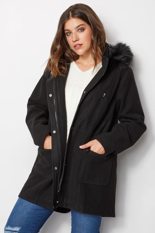Black Wool Blend Parka Coat, Plus size 16 to 36 | Yours Clothing