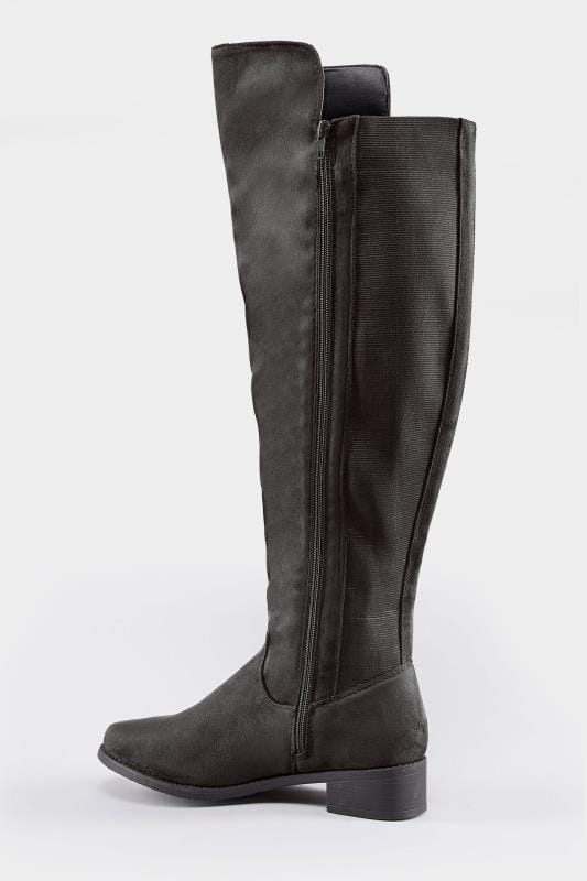 Black Stretch Vegan Suedette Over The Knee Boots In Extra Wide EEE Fit 5