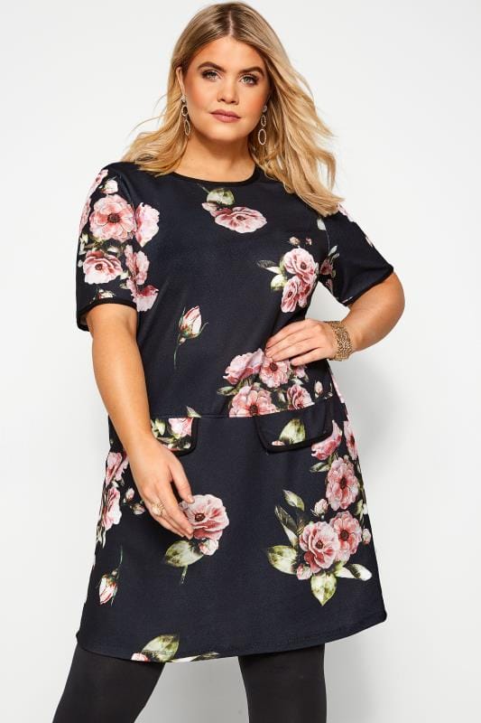 Black and Pink Floral Print Tunic | Yours Clothing