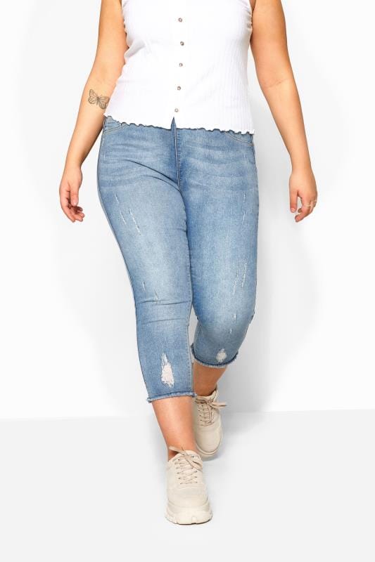 Plus Size Cropped Jeans Bleach Blue Distressed Cat Scratch JENNY Cropped Jeggings