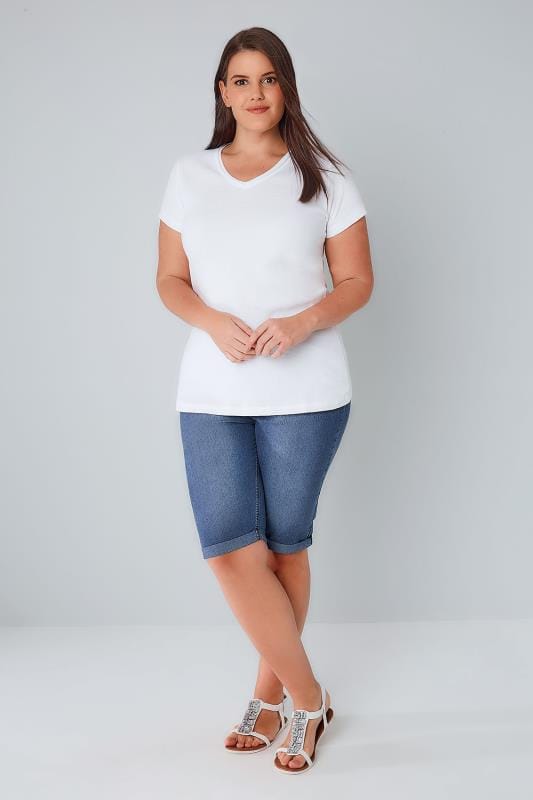 Bleach Blue Long Denim Shorts, Plus size 16 to 32 | Yours Clothing