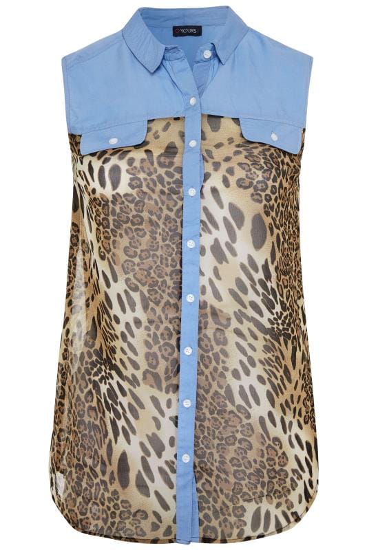 Blue Denim Leopard Print Sleeveless Shirt | Sizes 16-32 | Yours Clothing