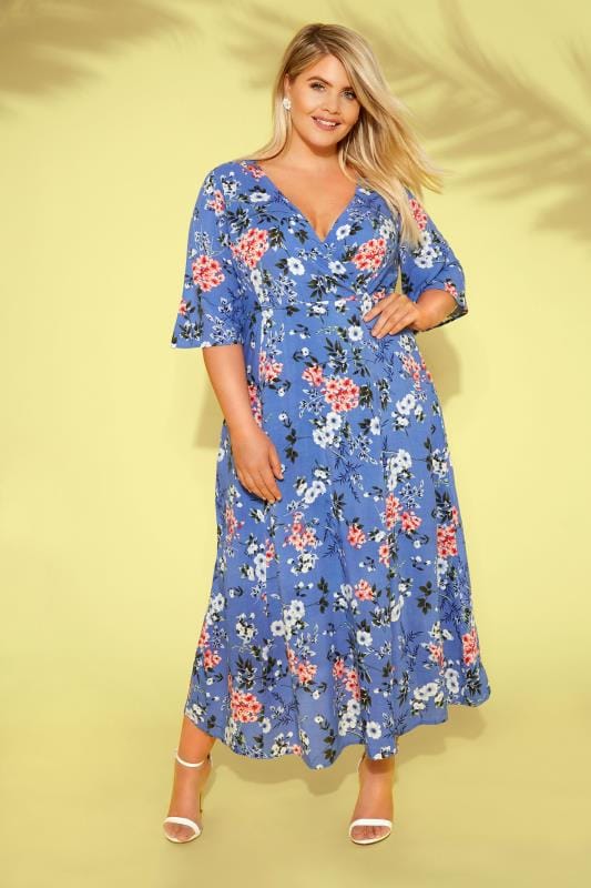 Blue Floral Wrap Maxi Dress | Sizes 16 to 36 | Yours Clothing