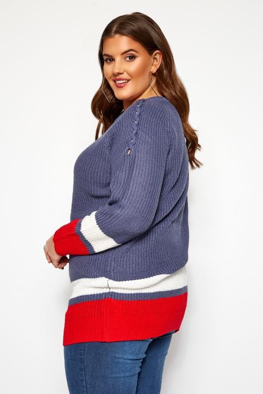 Pull Bleu Rayures Blanche et Rouge en Maille | Grande taille 44-64