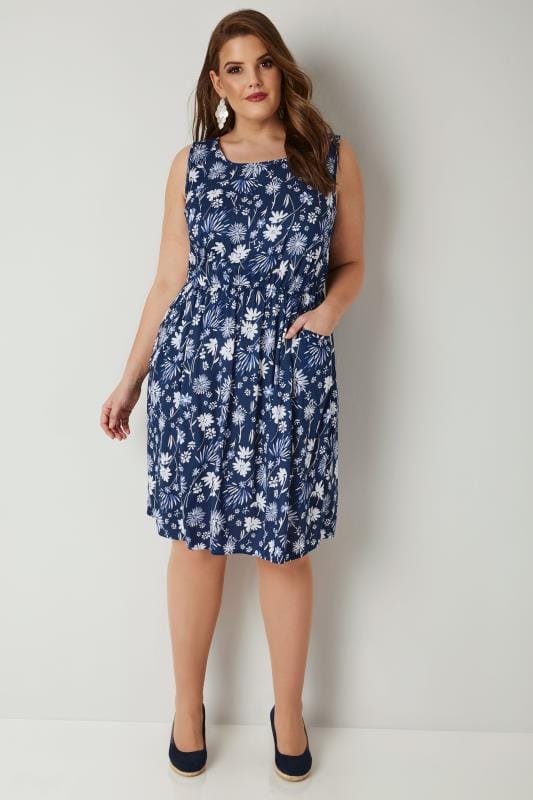 Blue & White Floral Print Pocket Dress With Elasticated Waistband, plus ...