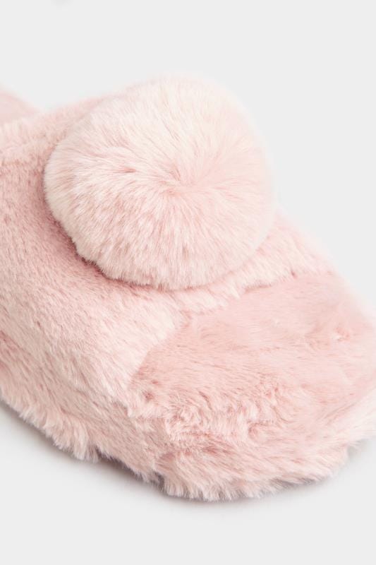 Blush Pink Faux Fur Pom Pom Slippers | Yours Clothing