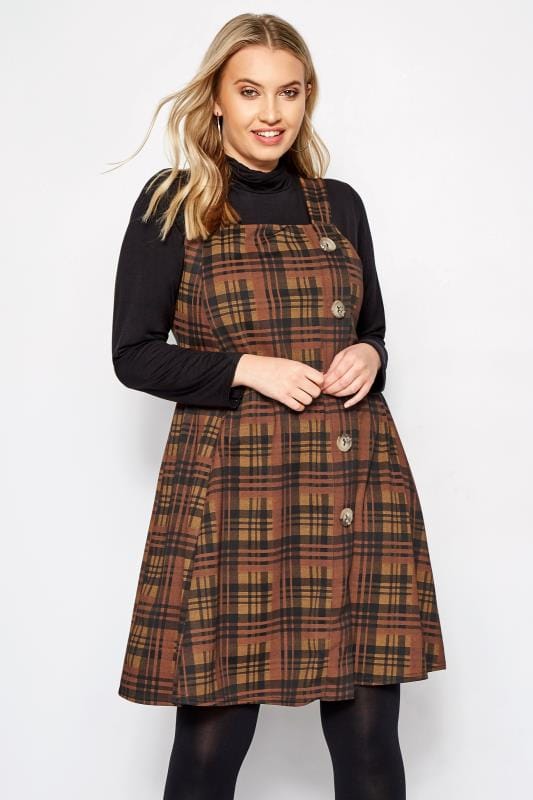 Brown Check Button Pinafore Dress, Plus size 16 to 40 | Yours Clothing