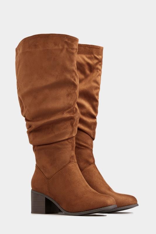 Brown Knee High Ruched Heeled Boots In Extra Wide Fit | Yours Clothing
