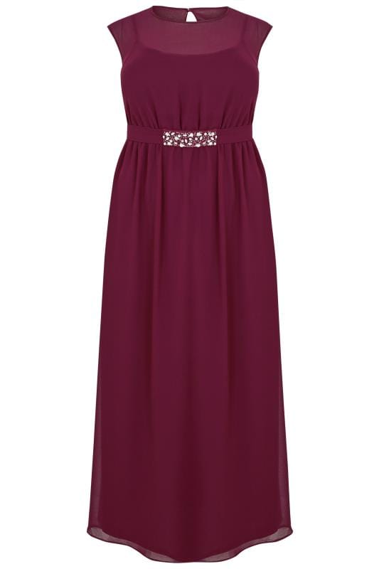 Burgundy Chiffon Maxi Dress With Embellished Tie Waist & Split Back ...