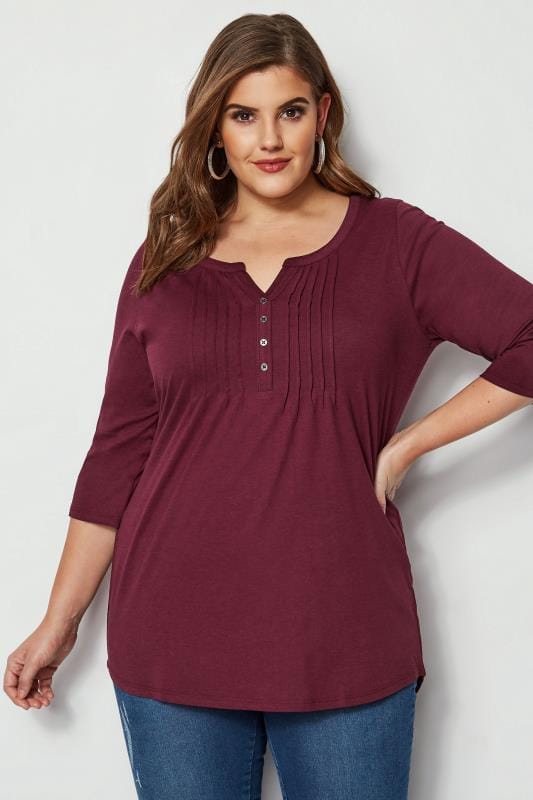 Burgundy Purple Pintuck Jersey Top, plus size 16 to 36 | Yours Clothing