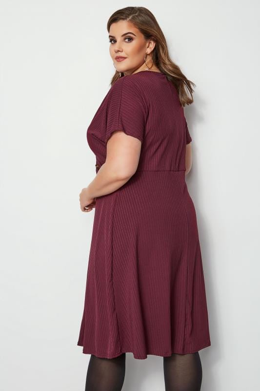 Burgundy Ribbed Wrap Front Dress, Plus size 16 to 36 | Yours Clothing