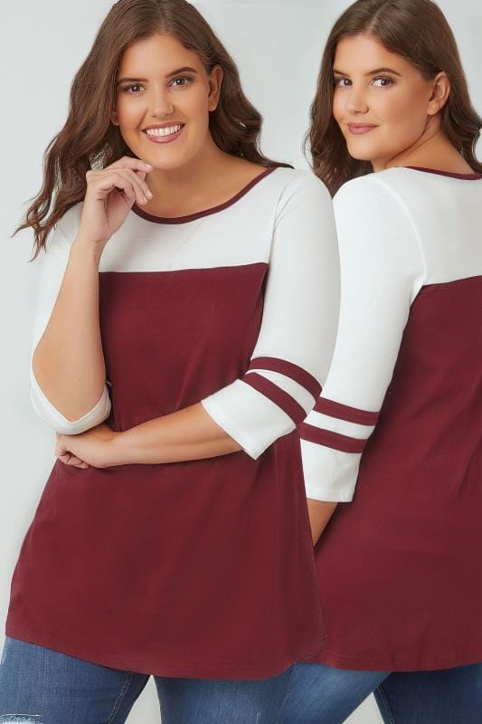 Plus Size Jersey Tops Burgundy & White Jersey Colour Block Top With 3/4 Length Sleeves