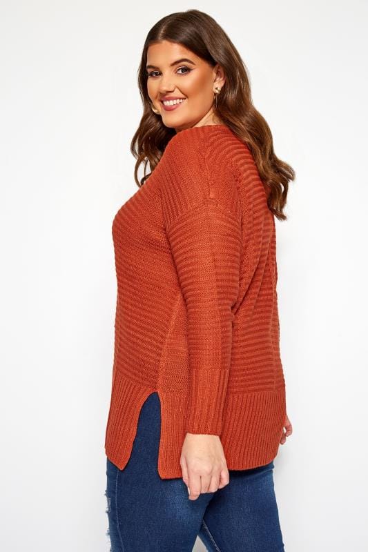 Burnt Orange Ribbed Knitted Jumper Sizes 16 28 Yours Clothing 6673