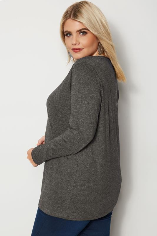 Charcoal Grey Long Sleeved V-Neck Jersey Top, Plus size 16 to 36 ...