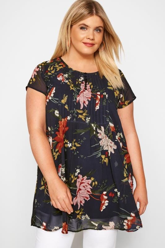 Navy Floral Capped Sleeve Chiffon Blouse | Sizes 16-32 | Yours Clothing