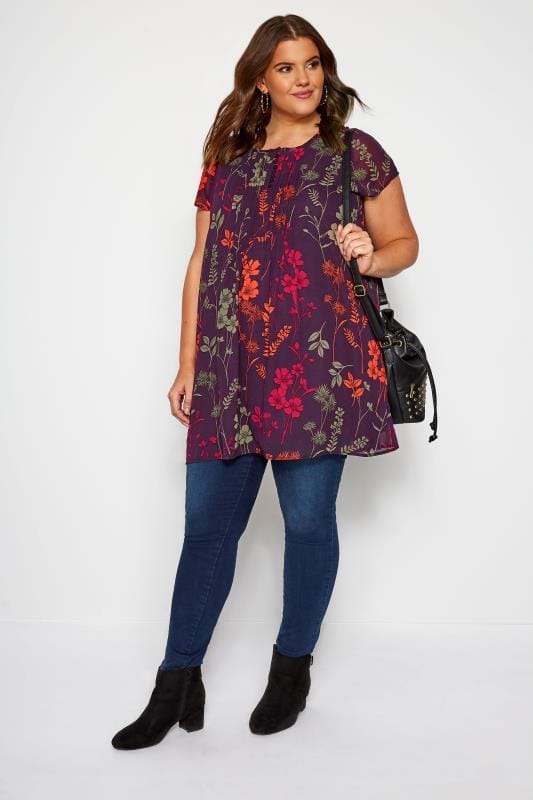 Purple Floral Print Chiffon Longline Top | Yours Clothing 2