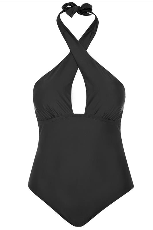 Black Crossover Halter Neck Tummy Control Swimsuit | Yours Clothing  5