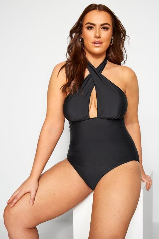 Plus Size  YOURS Curve Black Crossover Halter Neck Swimsuit