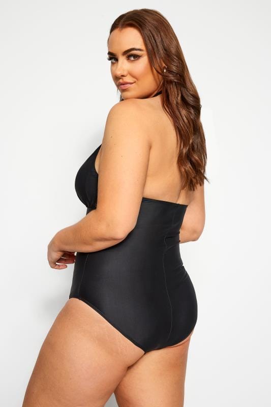 Black Crossover Halter Neck Swimsuit | Yours Clothing  4