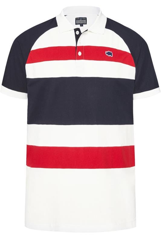 White, Navy & Red Striped Polo Shirt | Sizes Medium - 8XL | BadRhino