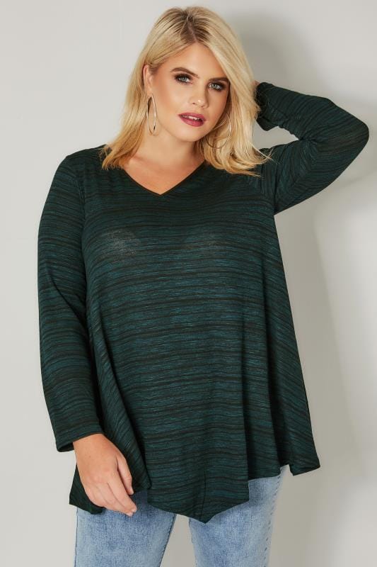 Dark Green And Black Space Dye Jersey Top With Asymmetric Hem And Pu Trim Plus Size 16 To 36