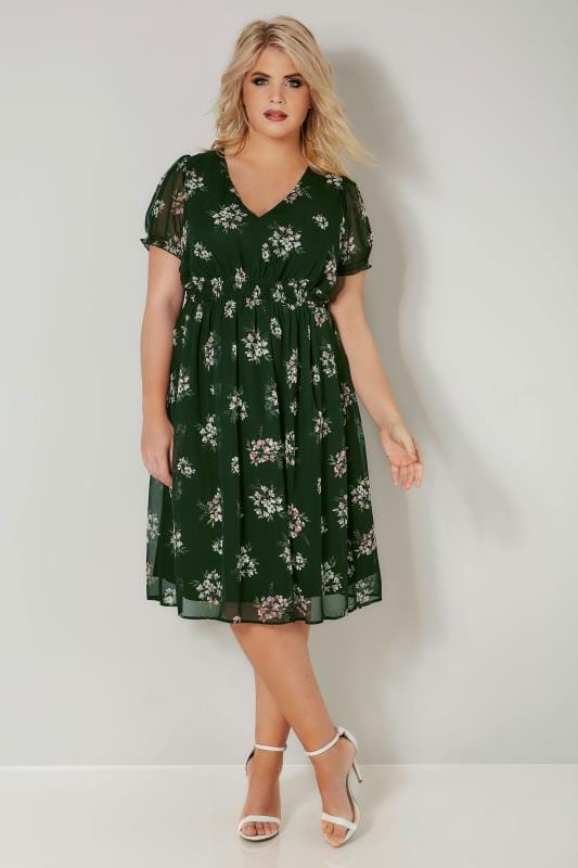 Green Floral Wrap Front Tea Dress With Waist Tie, plus size 16 to 36 ...