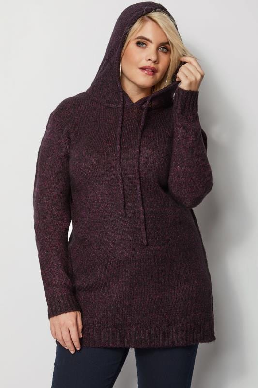 Dark Purple Knitted Hoodie, plus size 16 to 36 | Yours Clothing