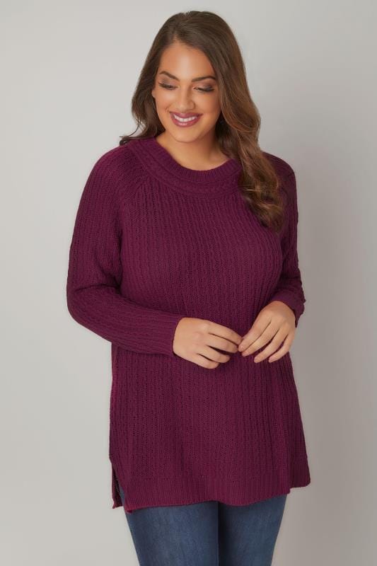 Dark Purple Longline Jumper With Cable Knit Trim, Plus size 16 to 36