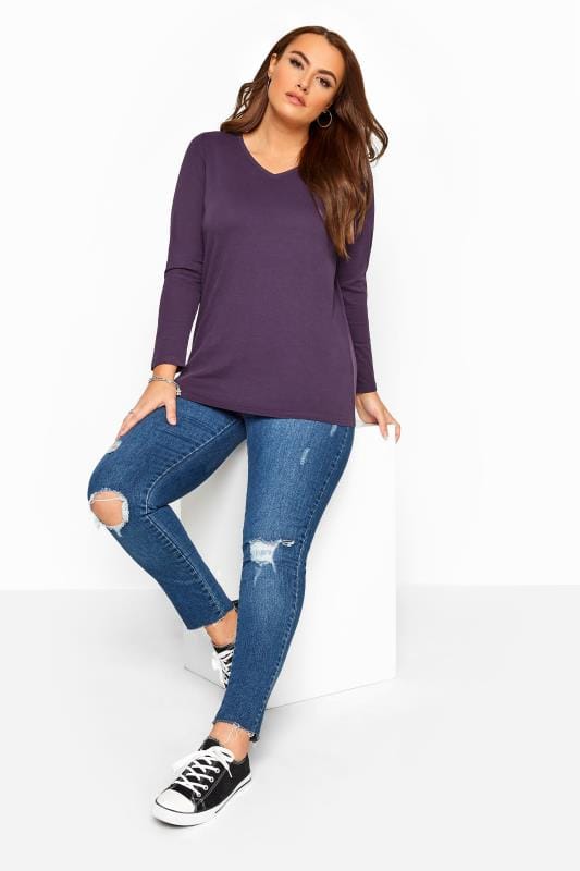 Dark Purple V-Neck Long Sleeve Top | Yours Clothing