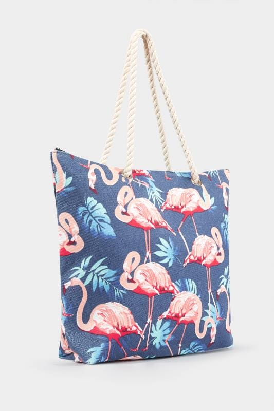 Denim Blue Flamingo Print Beach Bag | One Size | Yours Clothing 3