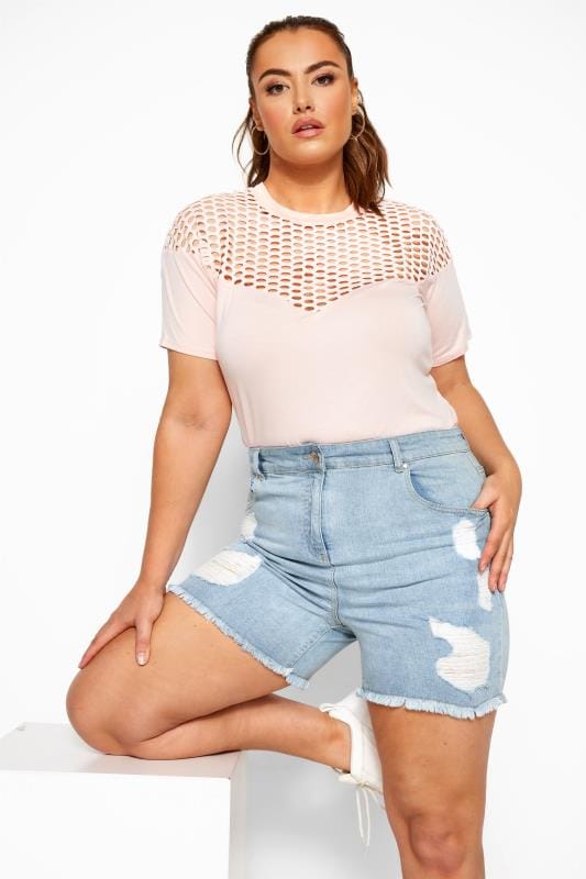 Yours Plus Size Curve Light Blue Ripped Denim Mom Shorts Women's