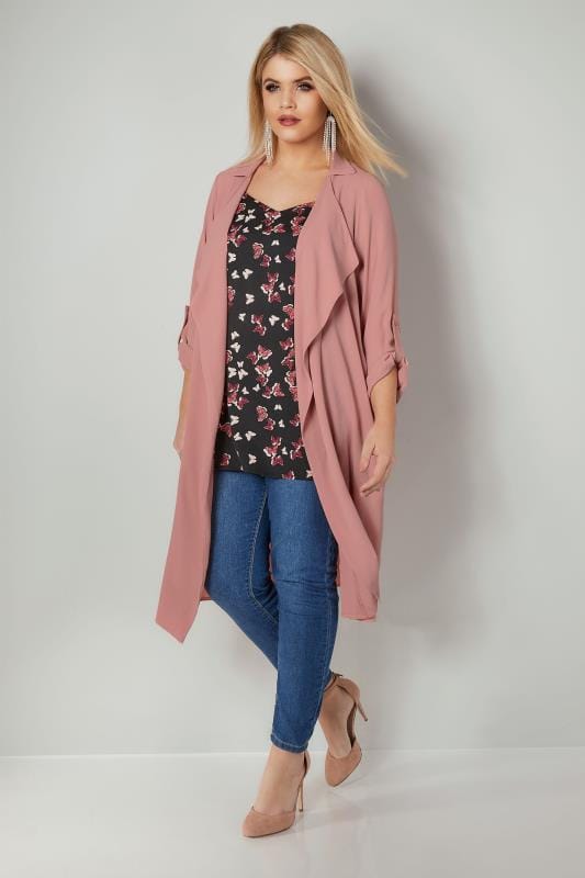 Dusky Pink Lightweight Duster Jacket With Waterfall Front, Plus size 16 ...