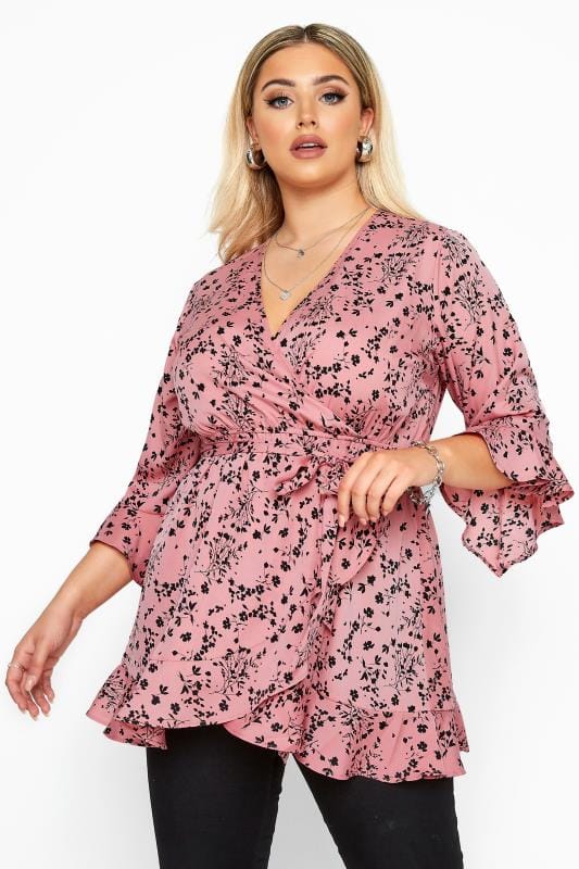 Dusty Pink Floral Wrap Top | Yours Clothing