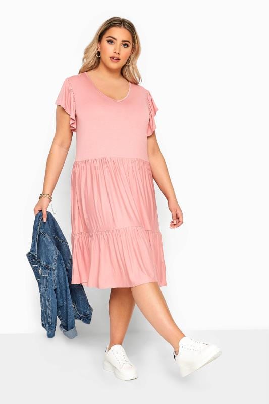 Dusty Pink Tiered Smock Dress | Yours Clothing