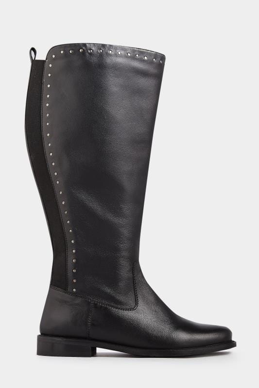 Black Leather Stud Trim Knee High Boots In Extra Wide Fit | Yours Clothing