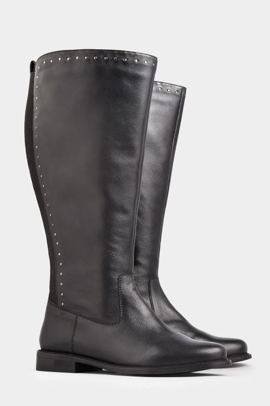 Wide Fit Knee High Boots Black Leather Stud Trim Knee High Boots In Extra Wide Fit