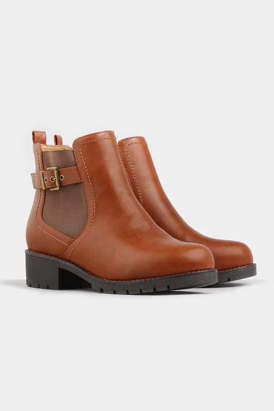 Tan Chelsea Buckle Ankle Boot In Extra Wide Fit | Long Tall Sally