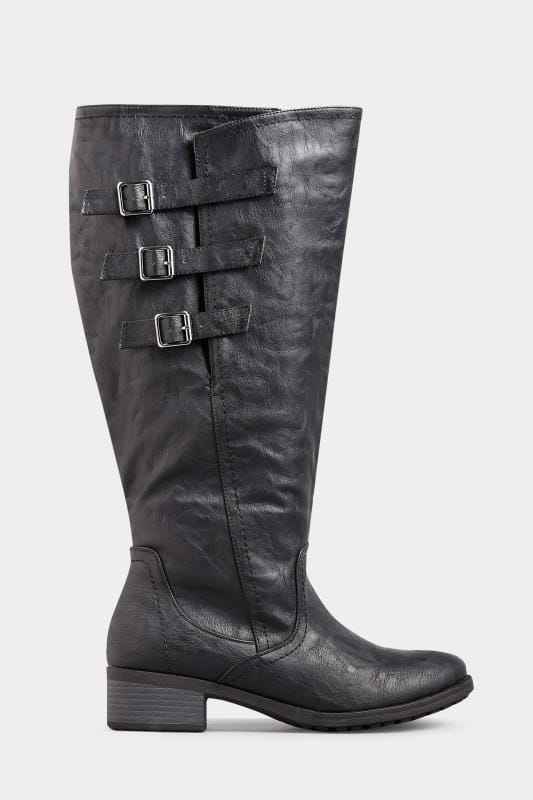 Black Knee High Boots In Extra Wide Fit With Adjustable Straps 3